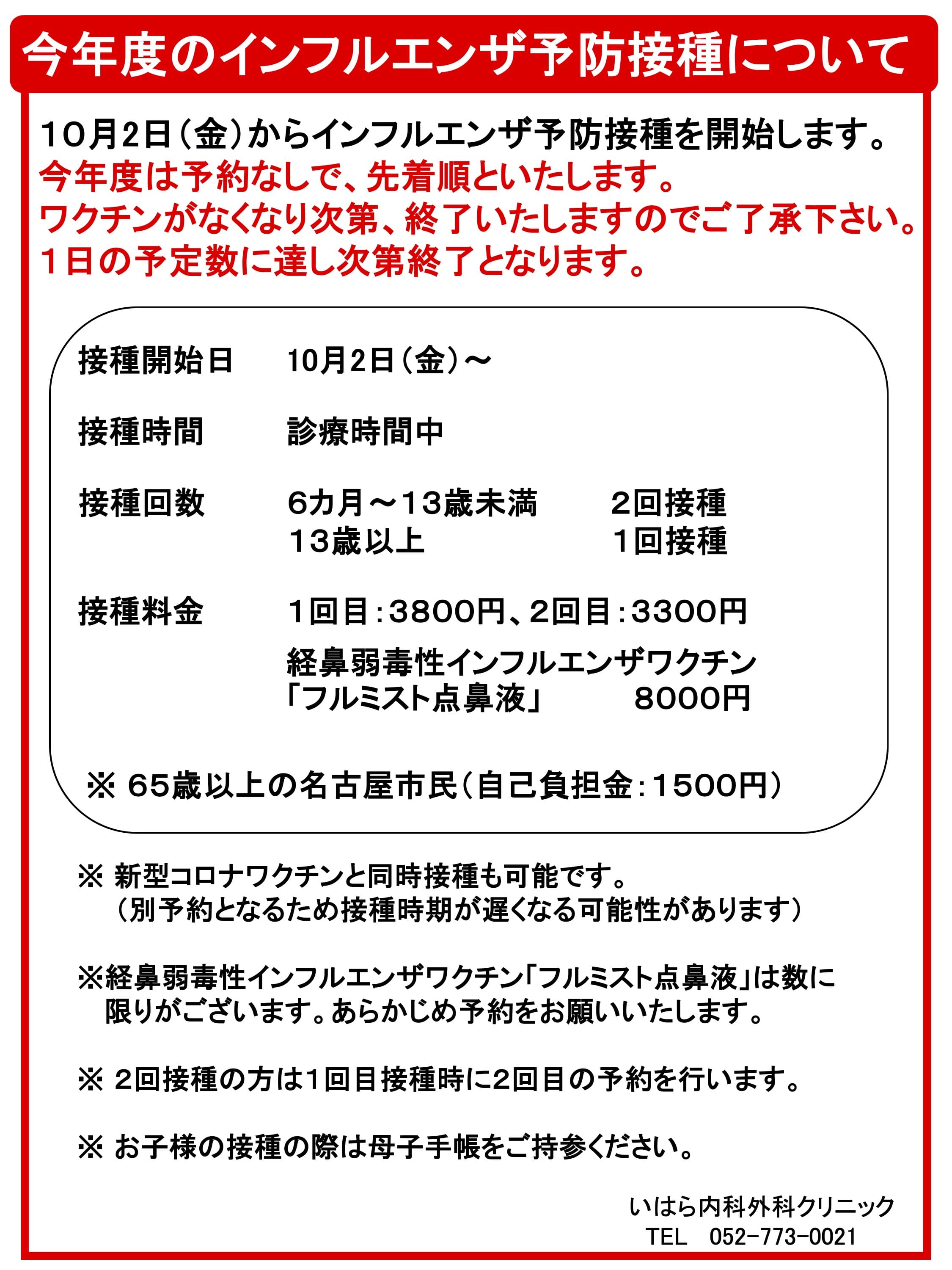 今年度のインフルエンザ予防接種について